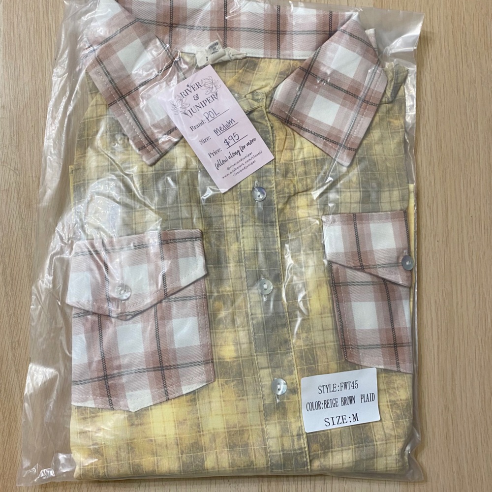 POL Bonfire Plaid Snap Buttondown Shirt Beige Brown Country Layering New Medium - Picture 10 of 11